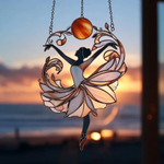 Sunset Ballerina Faux Stained Glass Suncatcher – Acrylic Window Panel with Twirling Skirt and Ocean Glow, Gift for Dance Lovers and Artists
