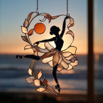Sunset Ballerina Faux Stained Glass Suncatcher – Acrylic Window Panel with Twirling Skirt and Ocean Glow, Gift for Dance Lovers and Artists