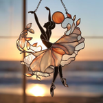 Sunset Ballerina Faux Stained Glass Suncatcher – Acrylic Window Panel with Twirling Skirt and Ocean Glow, Gift for Dance Lovers and Artists