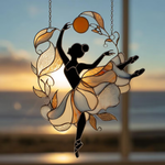 Sunset Ballerina Faux Stained Glass Suncatcher – Acrylic Window Panel with Twirling Skirt and Ocean Glow, Gift for Dance Lovers and Artists