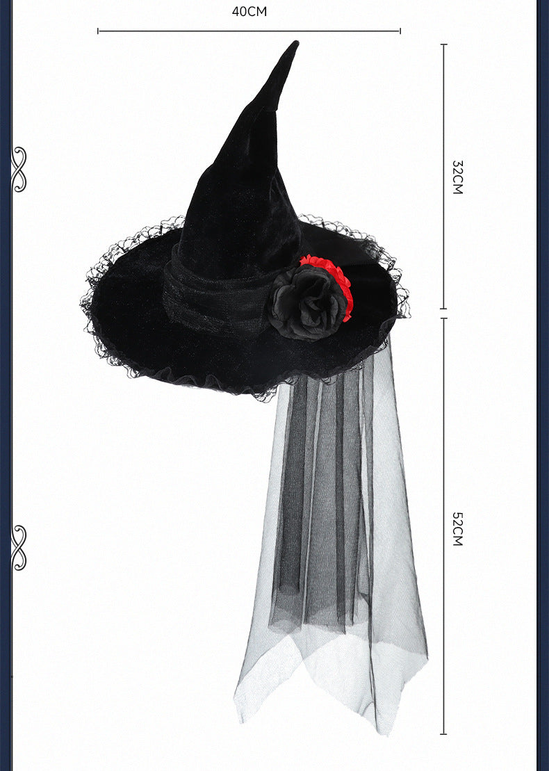 New Halloween Baroque Witch Hat Mesh Artificial Flower Costume Accessory Gothic Queen Prop Witch Hat