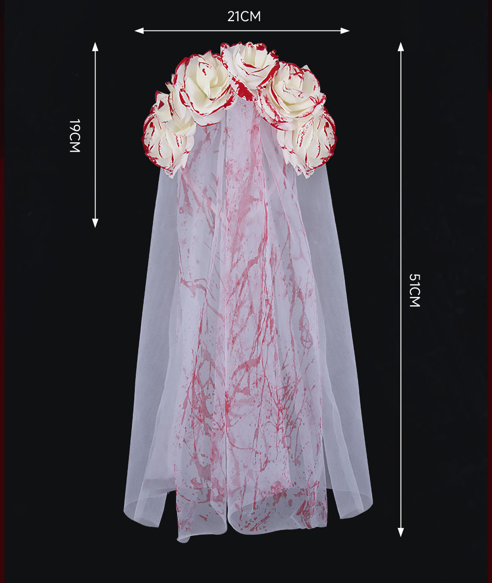 Halloween Bride Veil Vintage Rose Flower gothic Dark Headdress Ghost Bride Set