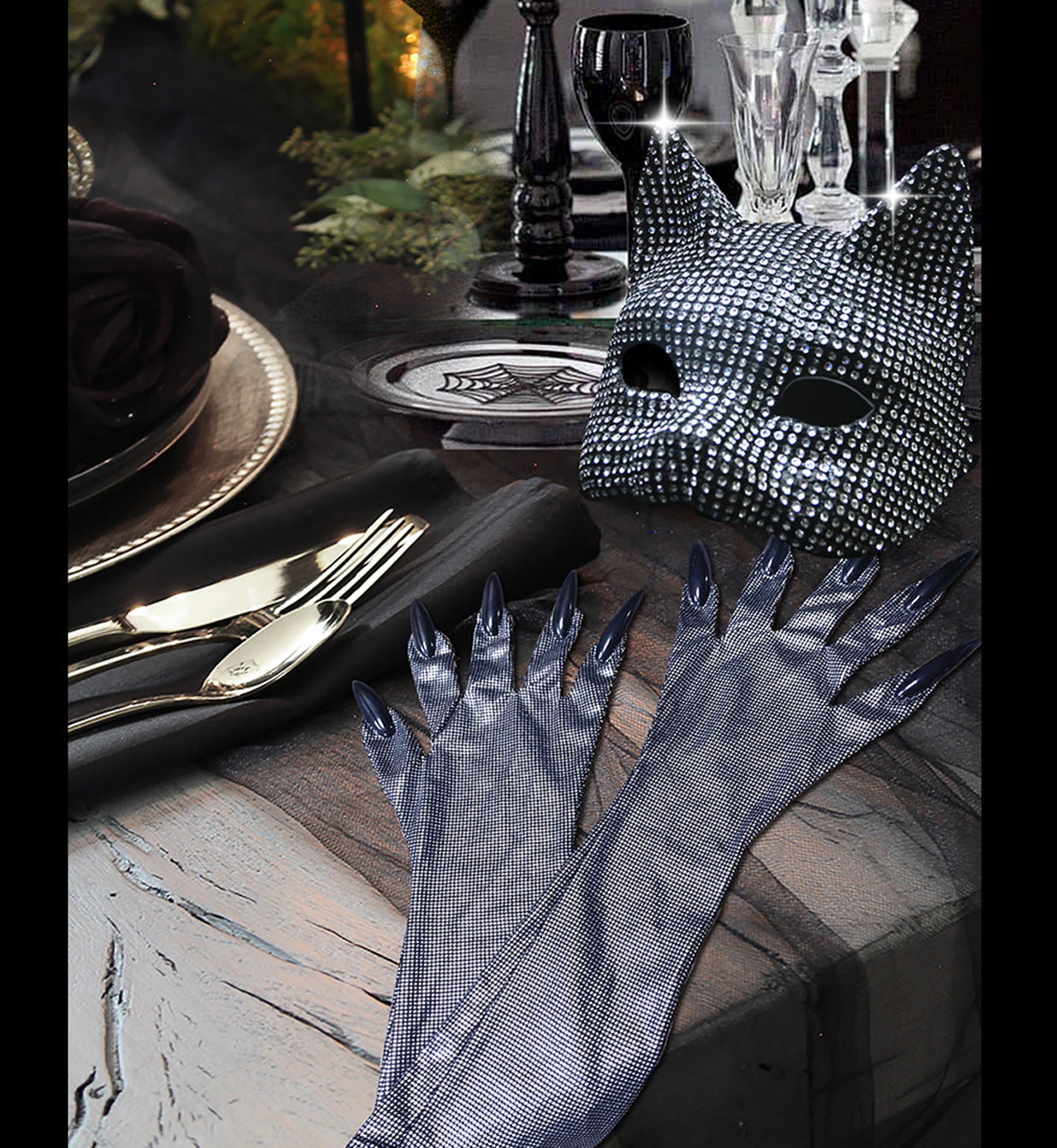 New Halloween Diamond Cat Mask and Gloves Set Diamond-Studded Sexy Cat Girl Costume Party Props