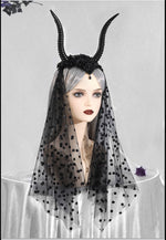 Halloween Gothic Queen Dark Horn Mesh Headband Party Ball Performance Costume Festival Hair Accessory Prop