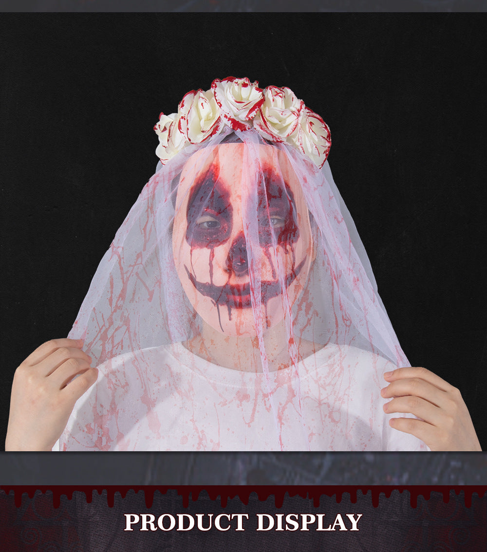 Halloween Bride Veil Vintage Rose Flower gothic Dark Headdress Ghost Bride Set