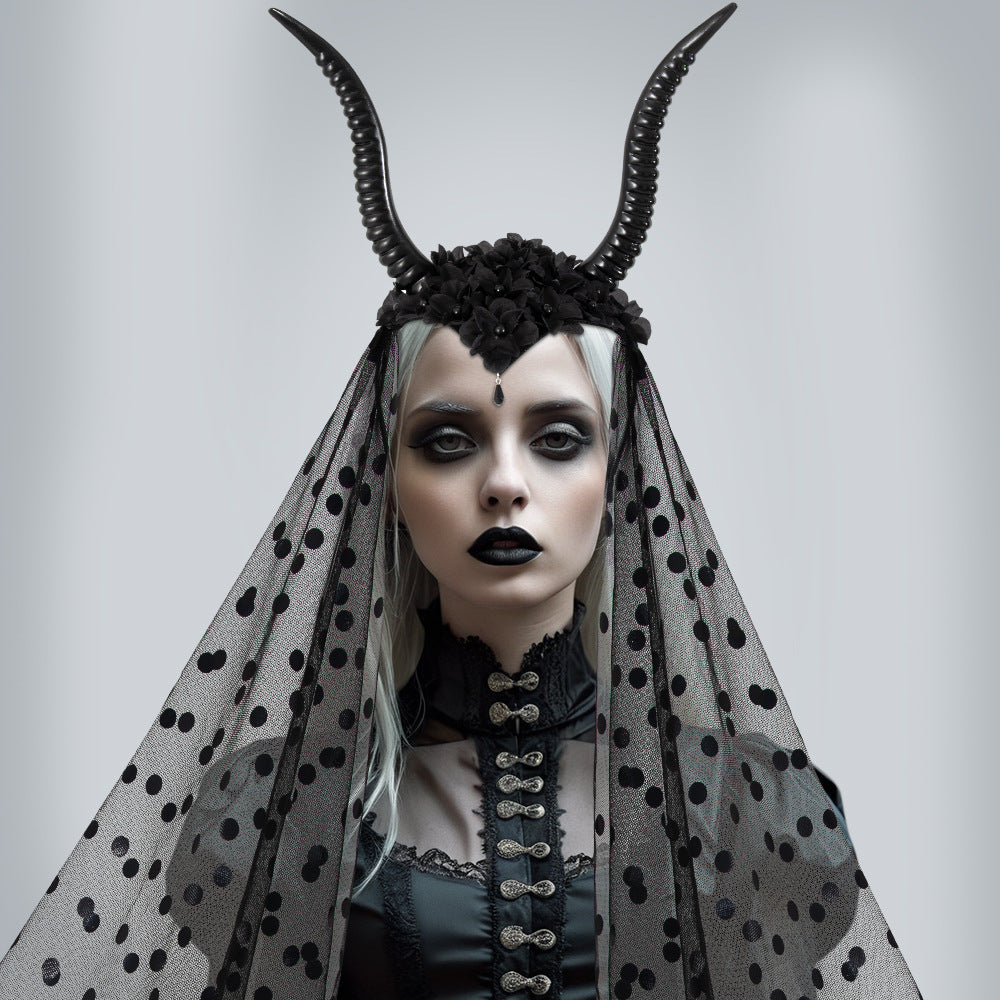 Halloween Gothic Queen Dark Horn Mesh Headband Party Ball Performance Costume Festival Hair Accessory Prop