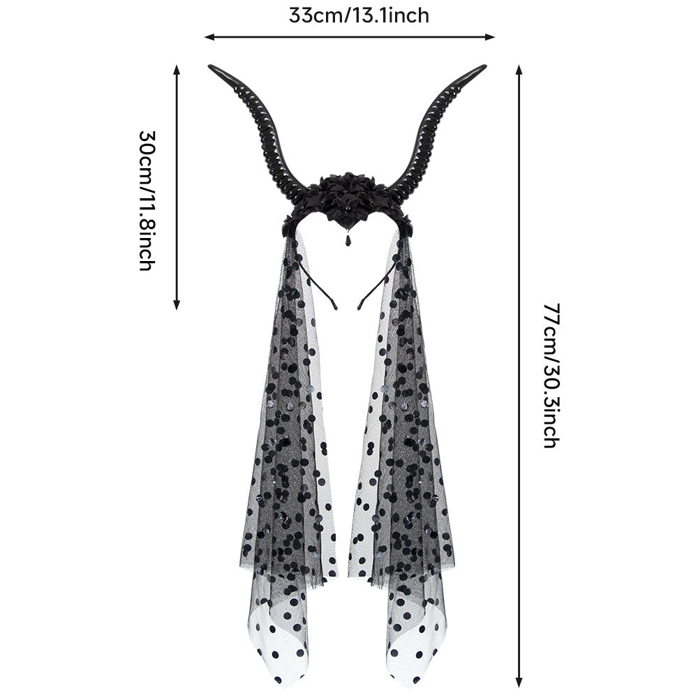 Halloween Gothic Queen Dark Horn Mesh Headband Party Ball Performance Costume Festival Hair Accessory Prop