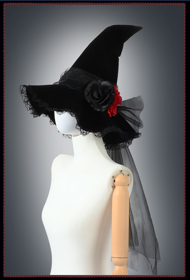 New Halloween Baroque Witch Hat Mesh Artificial Flower Costume Accessory Gothic Queen Prop Witch Hat
