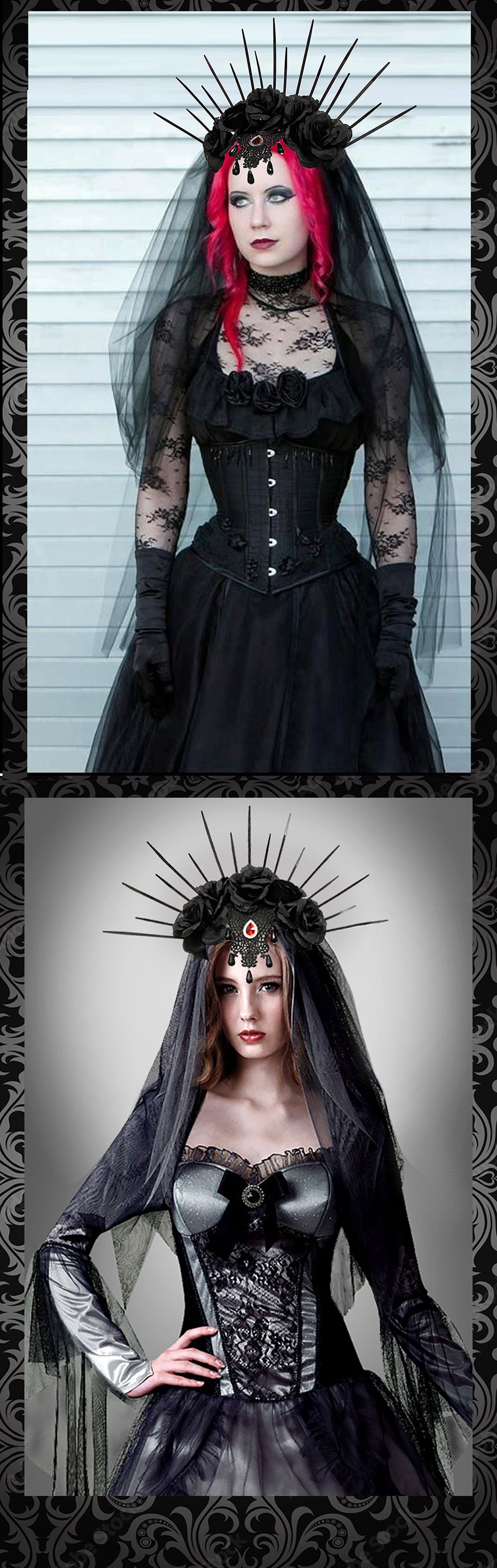 Halloween Wedding Dress Veil Headband Gothic Crown Mesh Black Rose Retro European and American Dress