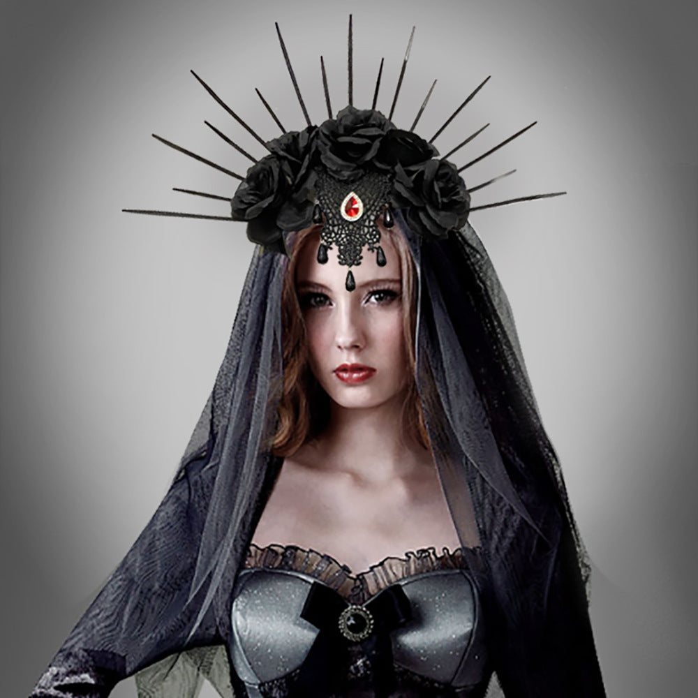 Halloween Wedding Dress Veil Headband Gothic Crown Mesh Black Rose Retro European and American Dress