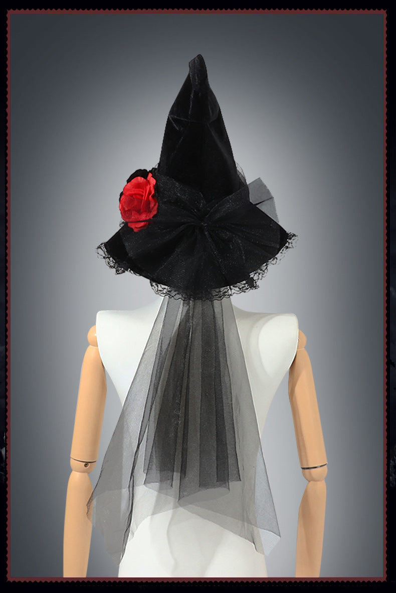 New Halloween Baroque Witch Hat Mesh Artificial Flower Costume Accessory Gothic Queen Prop Witch Hat