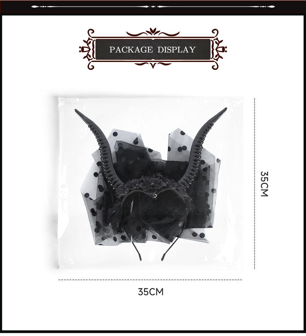Halloween Gothic Queen Dark Horn Mesh Headband Party Ball Performance Costume Festival Hair Accessory Prop