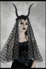 Halloween Gothic Queen Dark Horn Mesh Headband Party Ball Performance Costume Festival Hair Accessory Prop