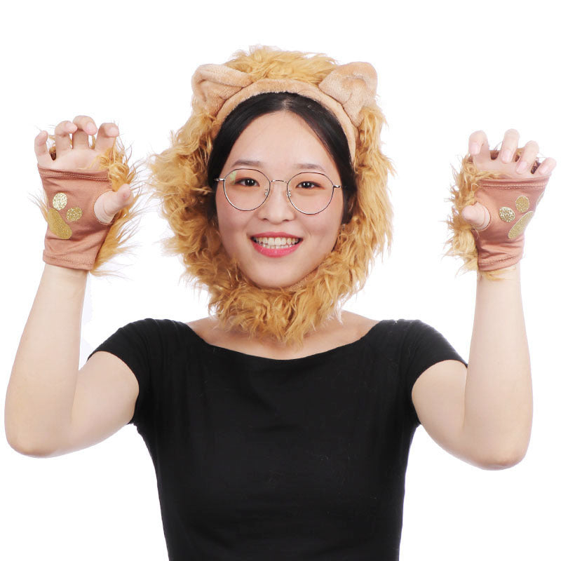 Halloween Costume Plush Lion Gloves Tail Headband Set Performance Costume Accessories Cosplay Props