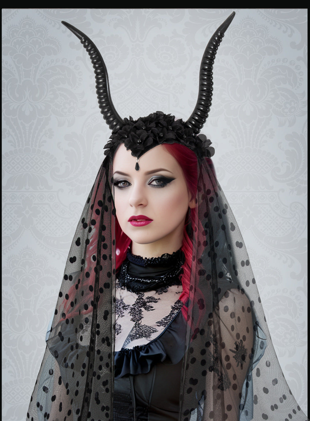 Halloween Gothic Queen Dark Horn Mesh Headband Party Ball Performance Costume Festival Hair Accessory Prop