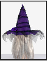 New Halloween Baroque Witch Hat with Mesh and Artificial Flowers, Gothic Queen Cosplay Witch Accessories