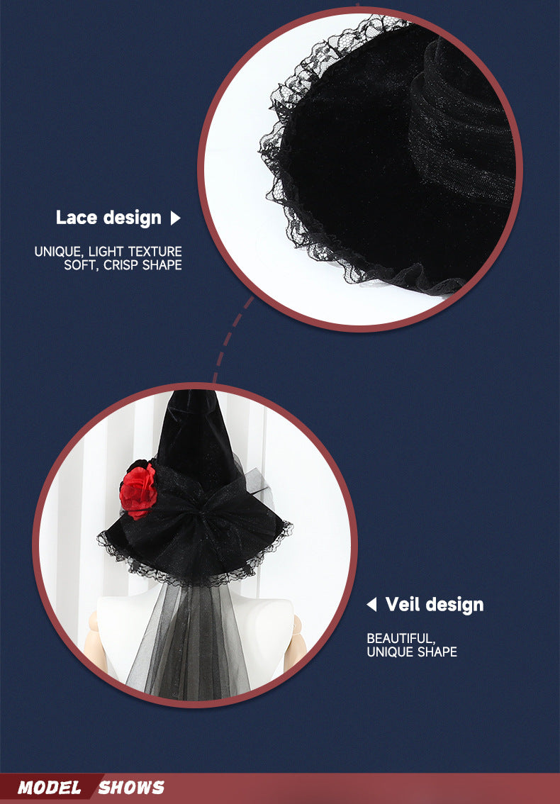New Halloween Baroque Witch Hat Mesh Artificial Flower Costume Accessory Gothic Queen Prop Witch Hat