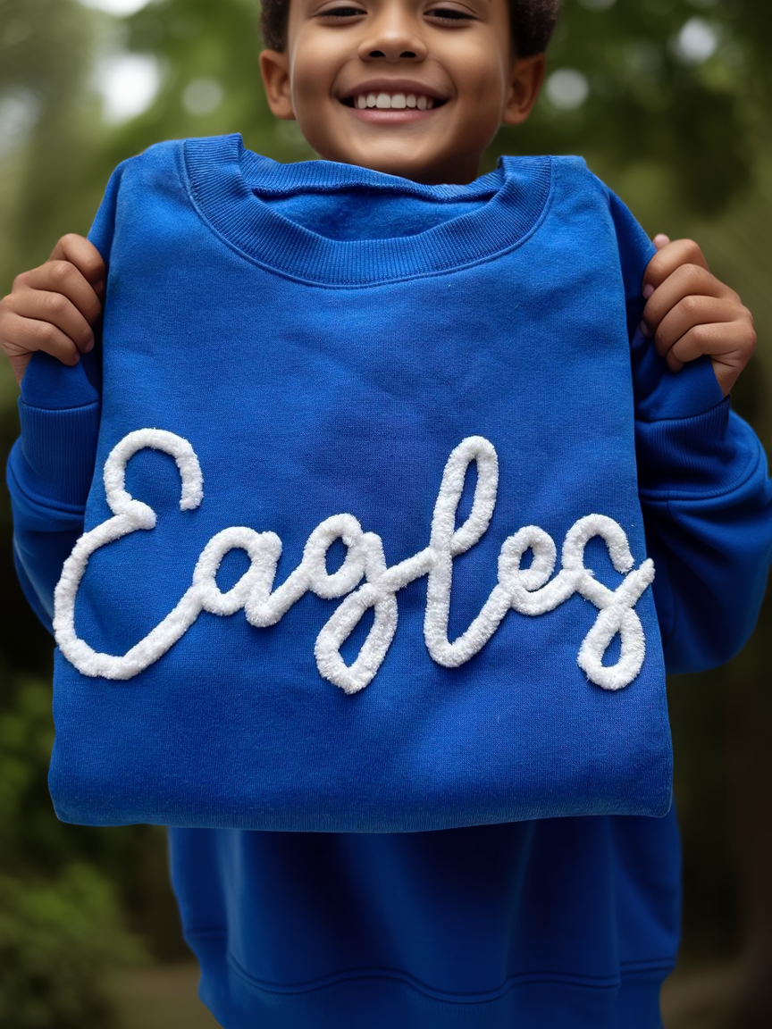 KIDS Chenille Yarn Sports Team Sweatshirt, Game day kids sweatshirt, Custom Team Name or Mascot, Team Spirit Kids Shirt, Chenille Patch Sports Team For Kids Fan