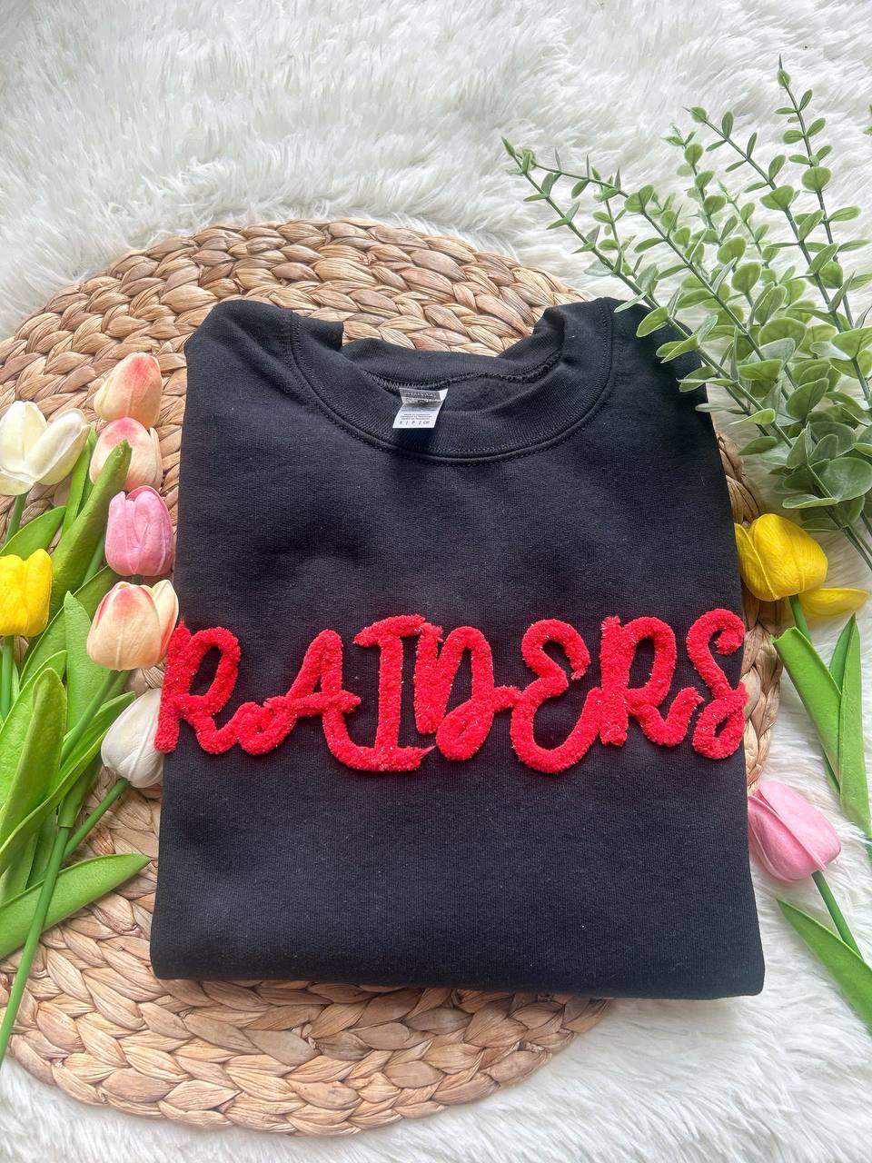 Custom Chenille Embroidered Team Name or Mascot, Chenille Patch Sports Team Sweatshirt, High School Teams, Falcons, Eagles, Colts spirit