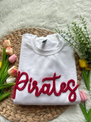 Chenille Yarn Sports Team Sweatshirt, Custom Team Name or Mascot, Game Day Fuzzy Letter, Team Spirit Shirt, Chenille Patch Sports Team